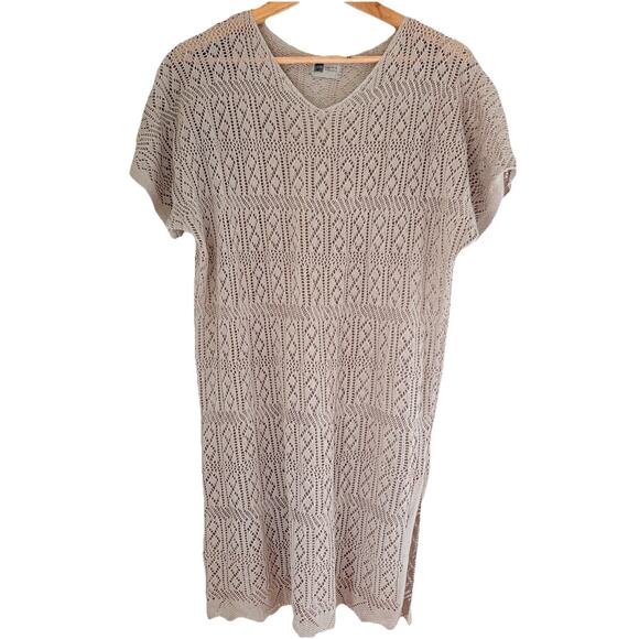 Open Knit Crochet Style Tunic Coverup Dress | Neutral Taupe Beige Beach Boho - Picture 3 of 10